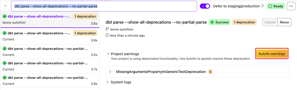 Click Autofix warnings to resolve deprecations automatically